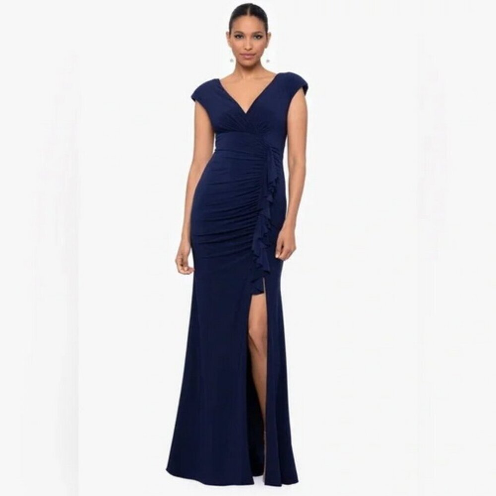 Xscape Navy Blue Jeanie Jersey Knit V Neck Front Ruffle Gown